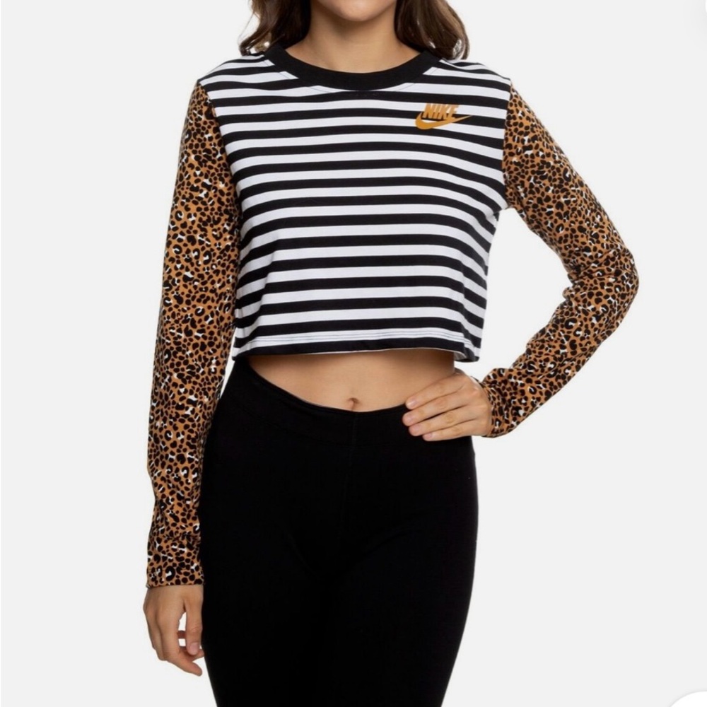 Nike Striped and Cheetah Long Sleeve Crop Top - Black and Brown M